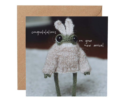 New Arrival Knitted Frog New Baby card