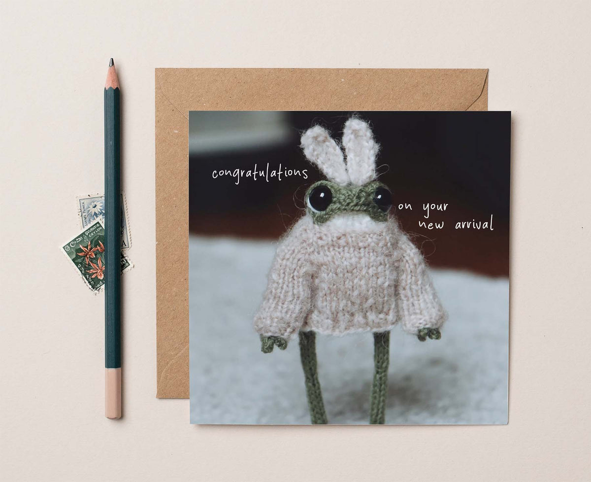 New Arrival Knitted Frog New Baby card