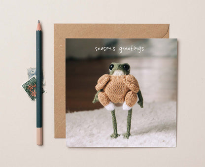 Season's Greetings Turkey Knitted Frog Christmas card