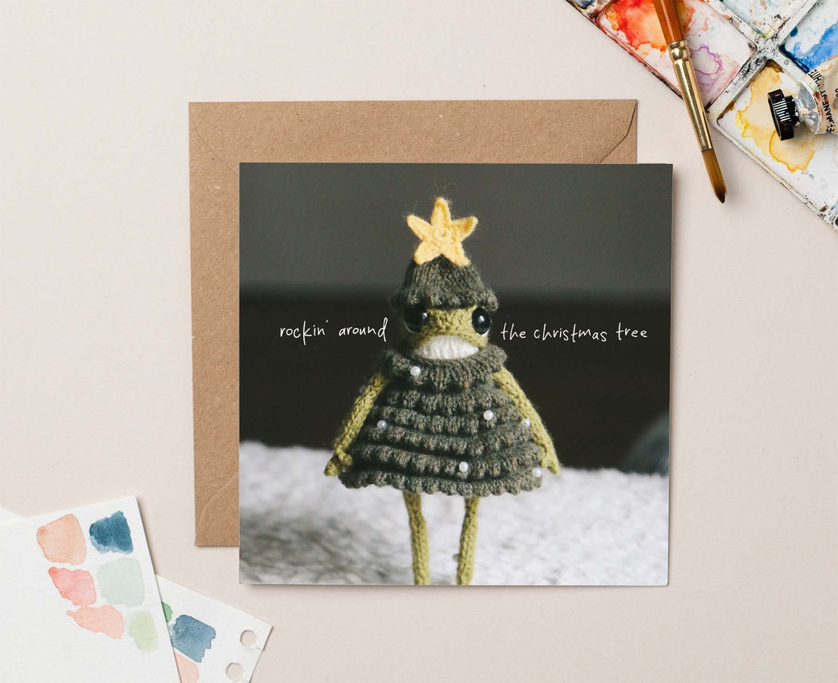 Rockin' Around the Christmas Tree Knitted Frog Christmas card