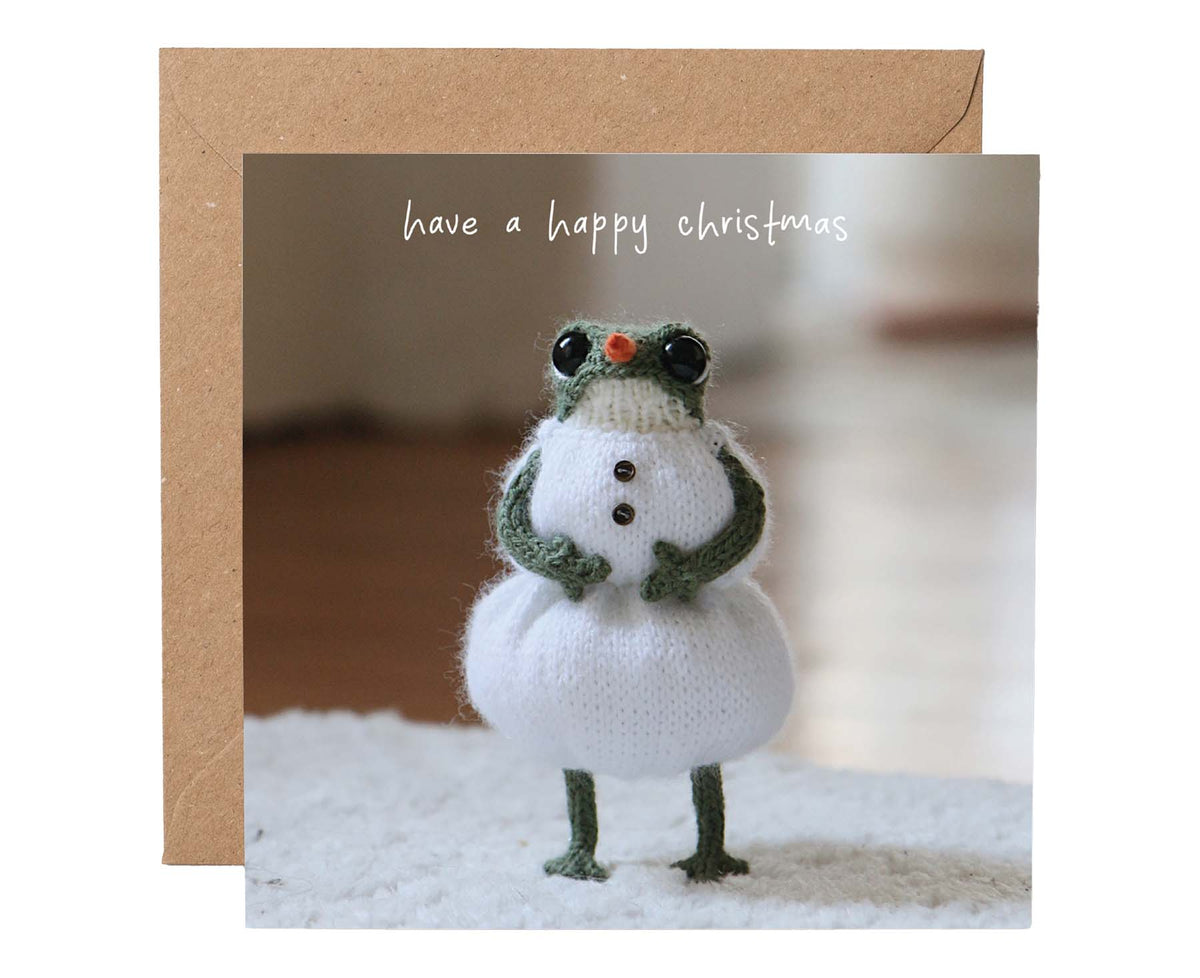 Christmas Snowman Knitted Frog Christmas card