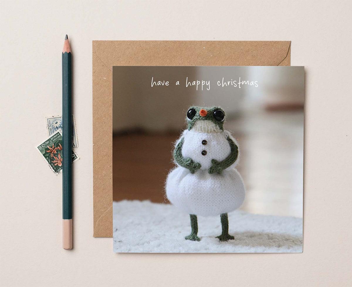 Christmas Snowman Knitted Frog Christmas card