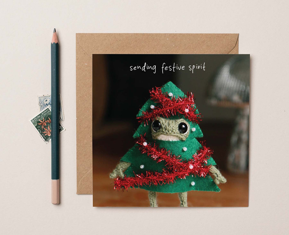 Festive Spirit Christmas Tree Knitted Frog Christmas card