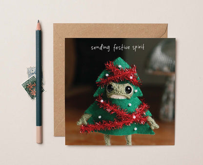 Festive Spirit Christmas Tree Knitted Frog Christmas card