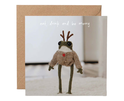 Christmas Reindeer Knitted Frog Christmas card