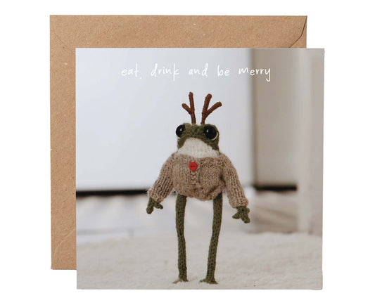 Christmas Reindeer Knitted Frog Christmas card