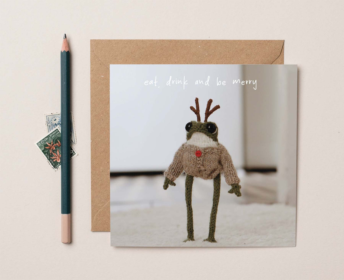 Christmas Reindeer Knitted Frog Christmas card