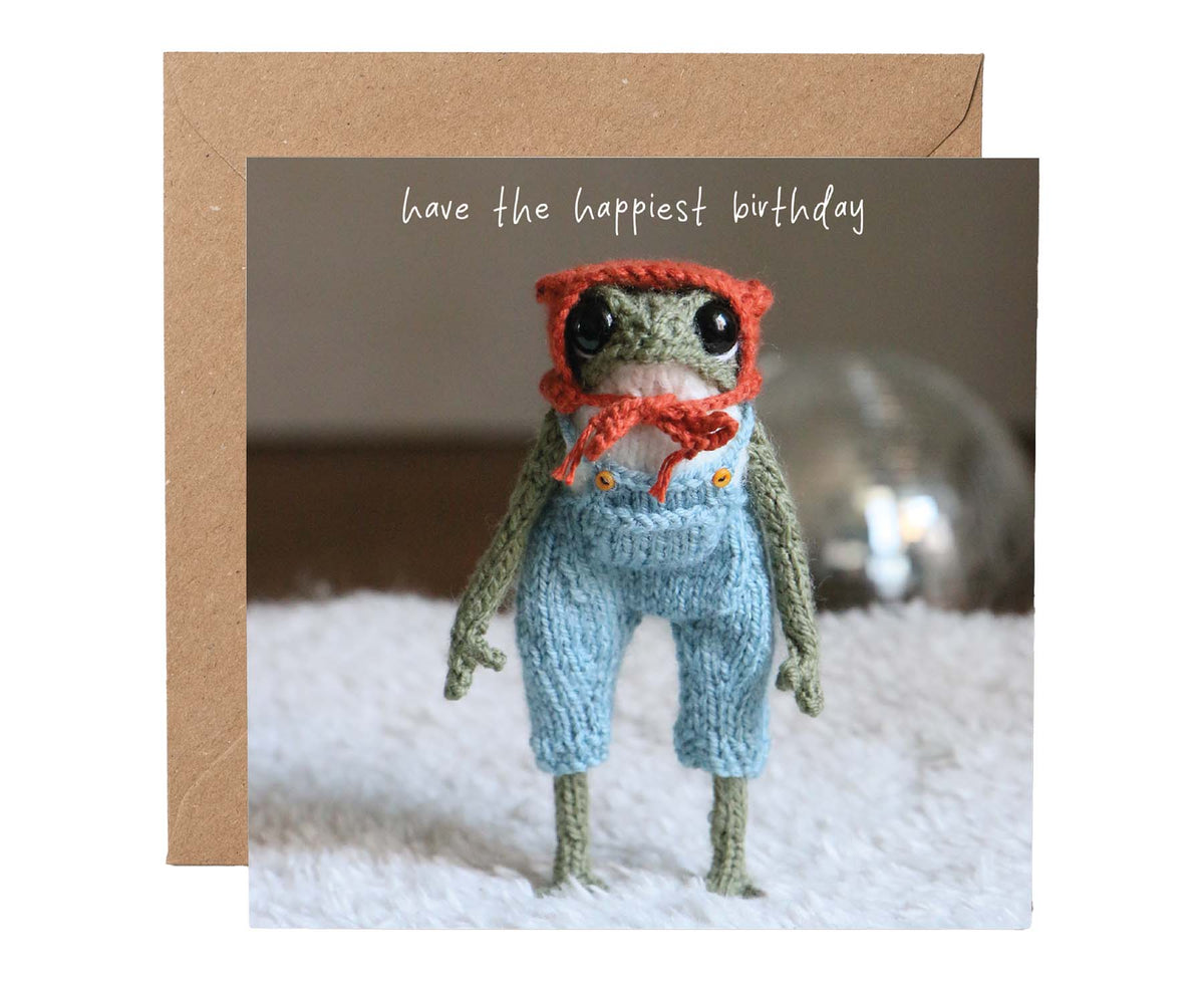 Happiest Birthday Bonnet Knitted Frog Birthday card