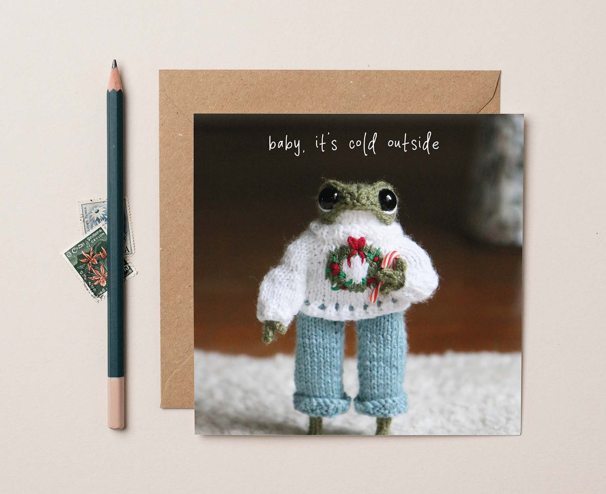 Baby It's Cold Outside Knitted Frog Christmas card