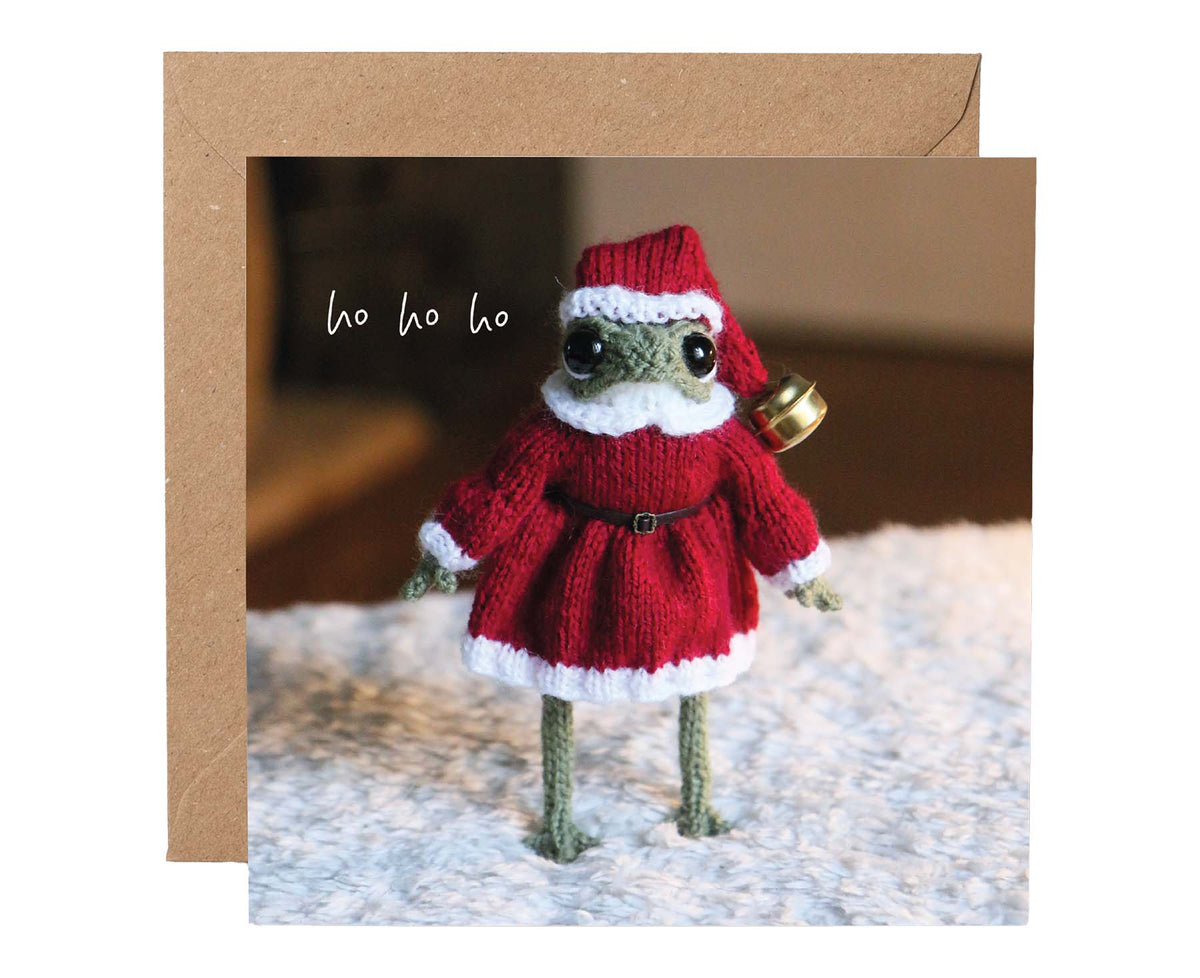 Ho Ho Ho Santa Knitted Frog Christmas card