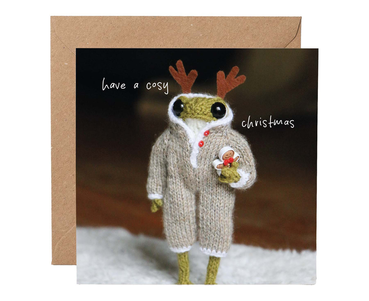 Cosy Christmas Knitted Frog Christmas card