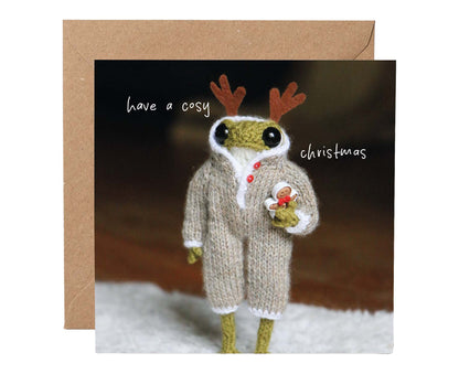 Cosy Christmas Knitted Frog Christmas card
