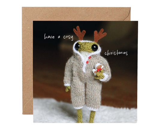 Cosy Christmas Knitted Frog Christmas card