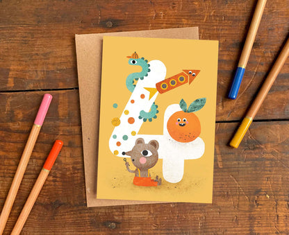 Number 4 Crazy Critters 4th Birthday Card