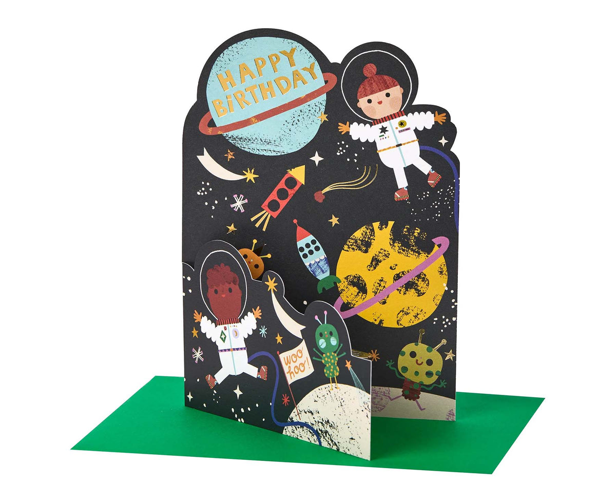 Fold Out Space Astronauts Foiled Kids Birthday Card