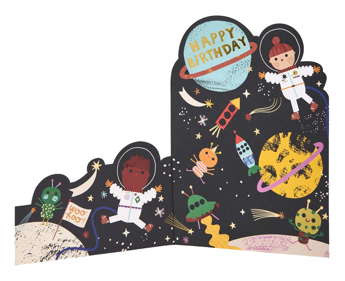 Fold Out Space Astronauts Foiled Kids Birthday Card