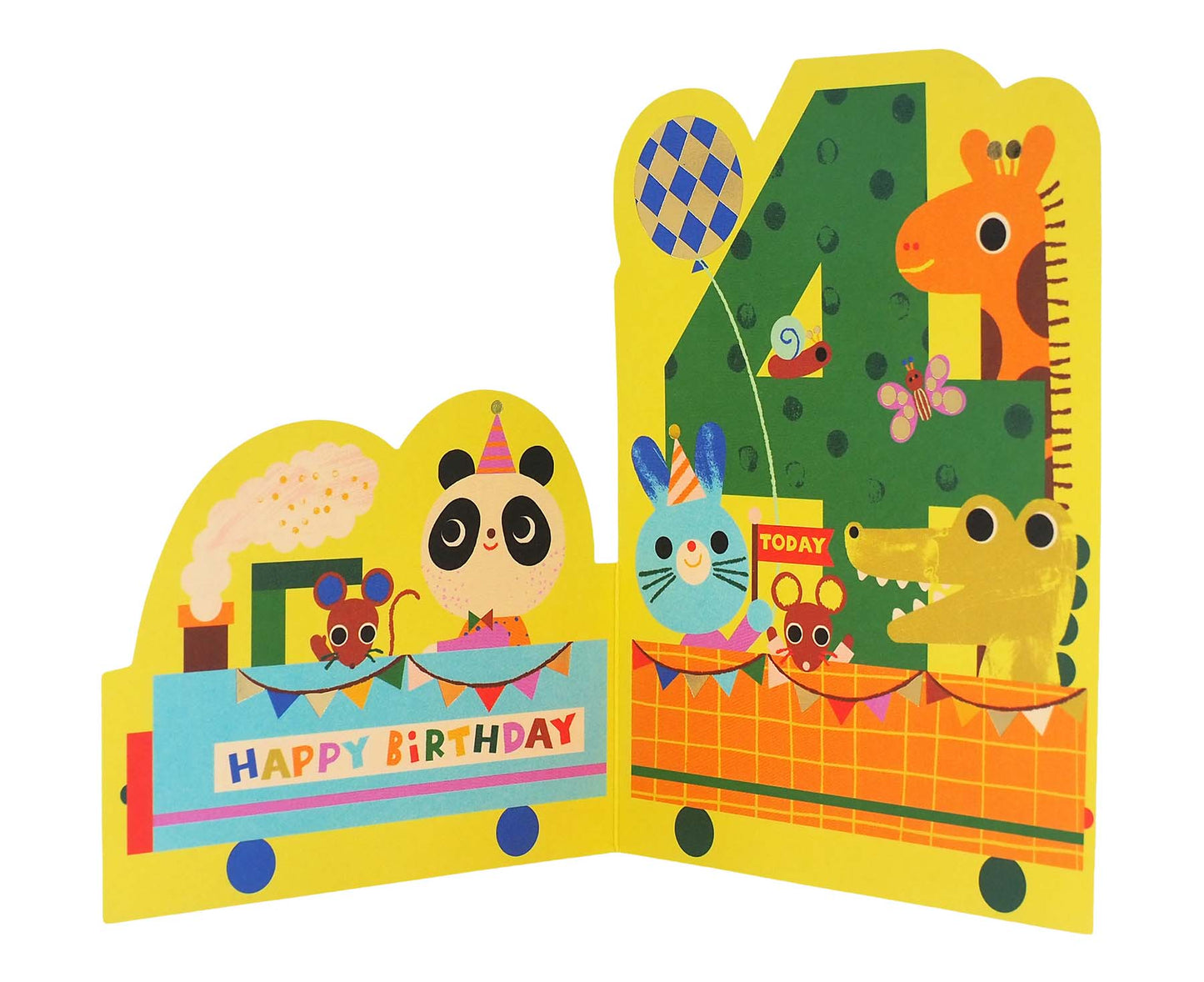 Fold Out Animal Train Foiled 4th Birthday Card
