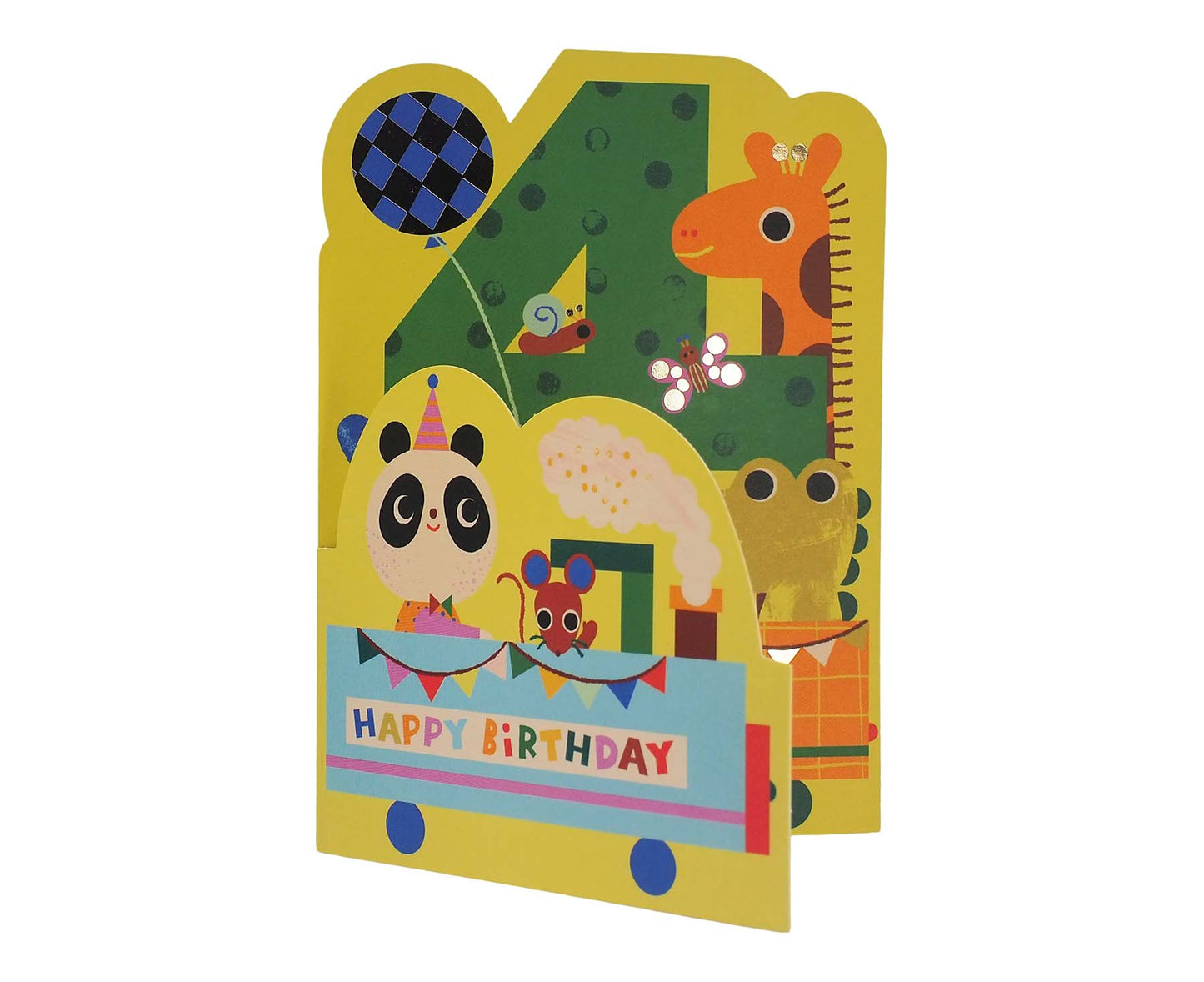 Fold Out Animal Train Foiled 4th Birthday Card