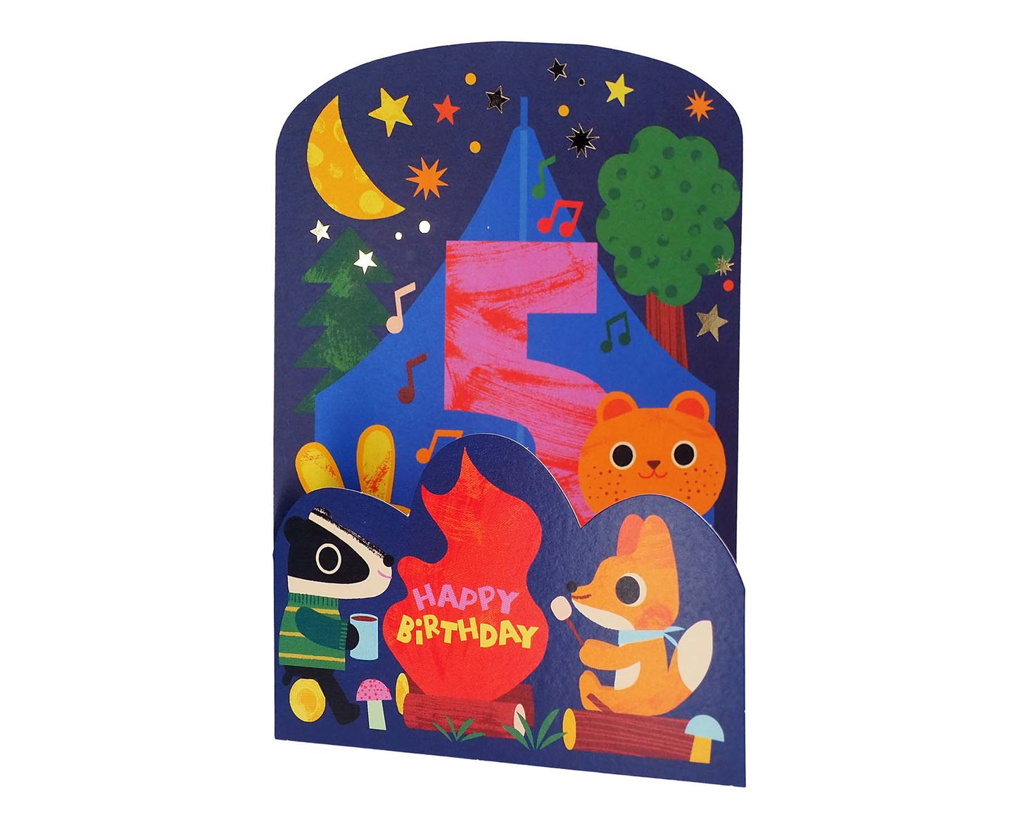Fold Out Camping Animals Foiled 5th Birthday Card