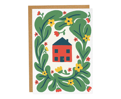 Floral Red House New Home Card