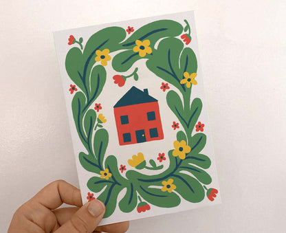 Floral Red House New Home Card