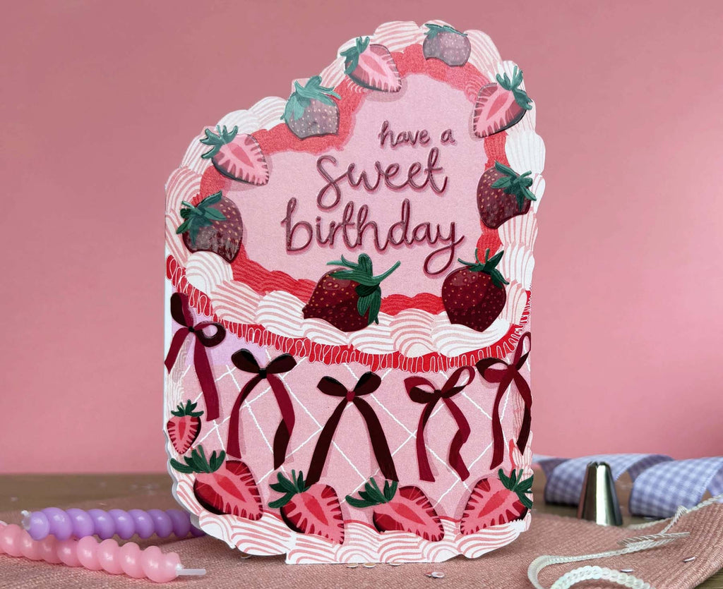 Sweet Birthday Strawberry Spot Varnish Cutout Heart Cake Birthday Card