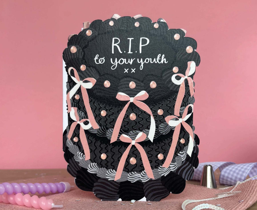 RIP To Your Youth Spot Varnish Cutout Cake Birthday Card