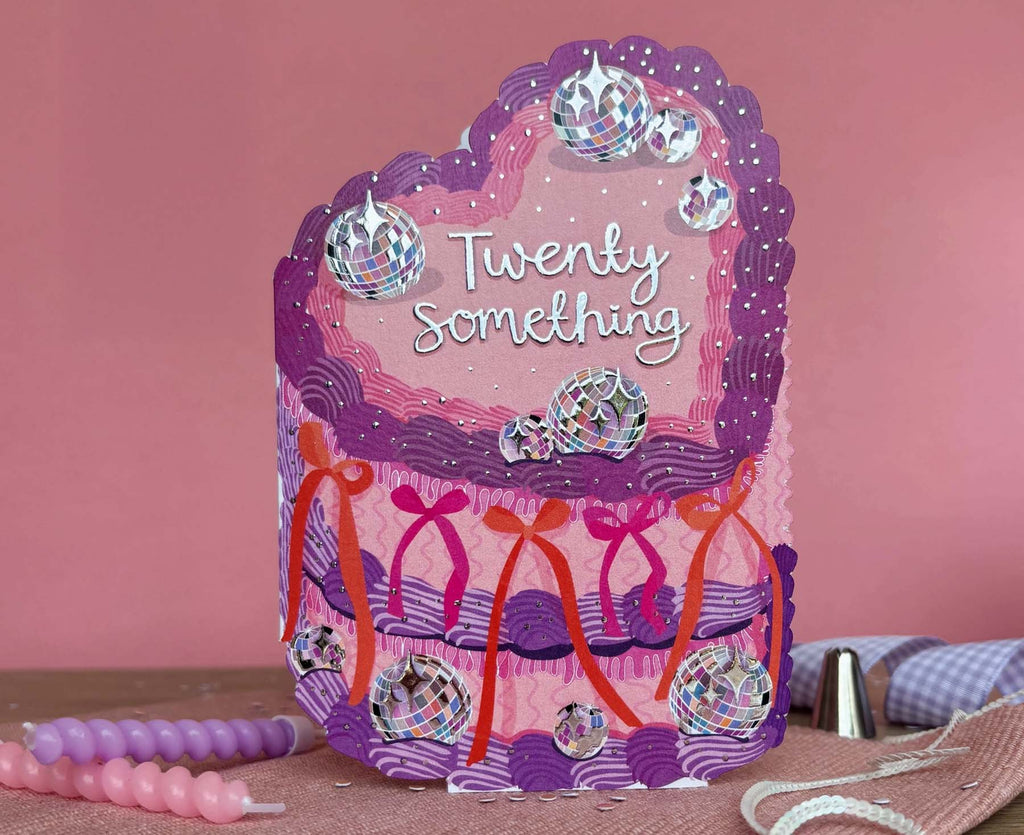 Twenty Something Silver Foiled Cutout Heart Cake Birthday Card