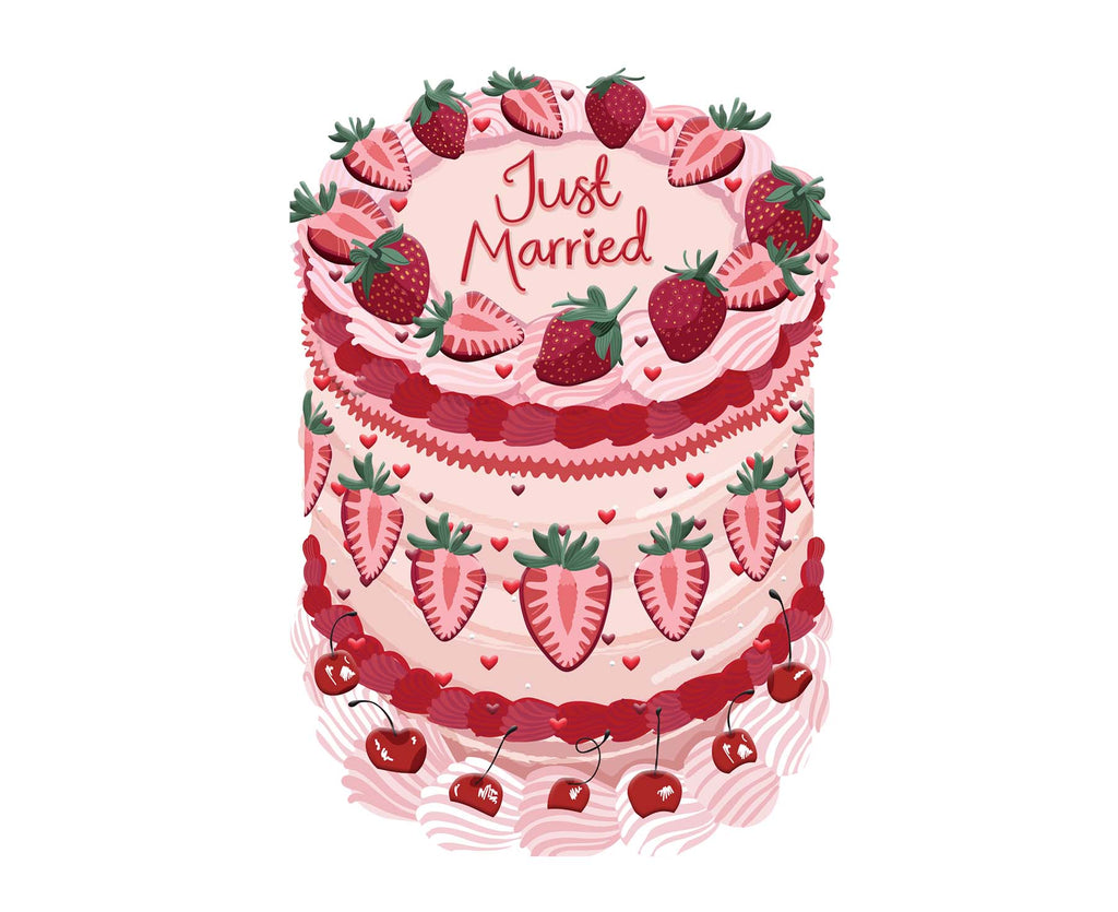 Just Married Strawberries Spot Varnish Cutout Cake Wedding Card
