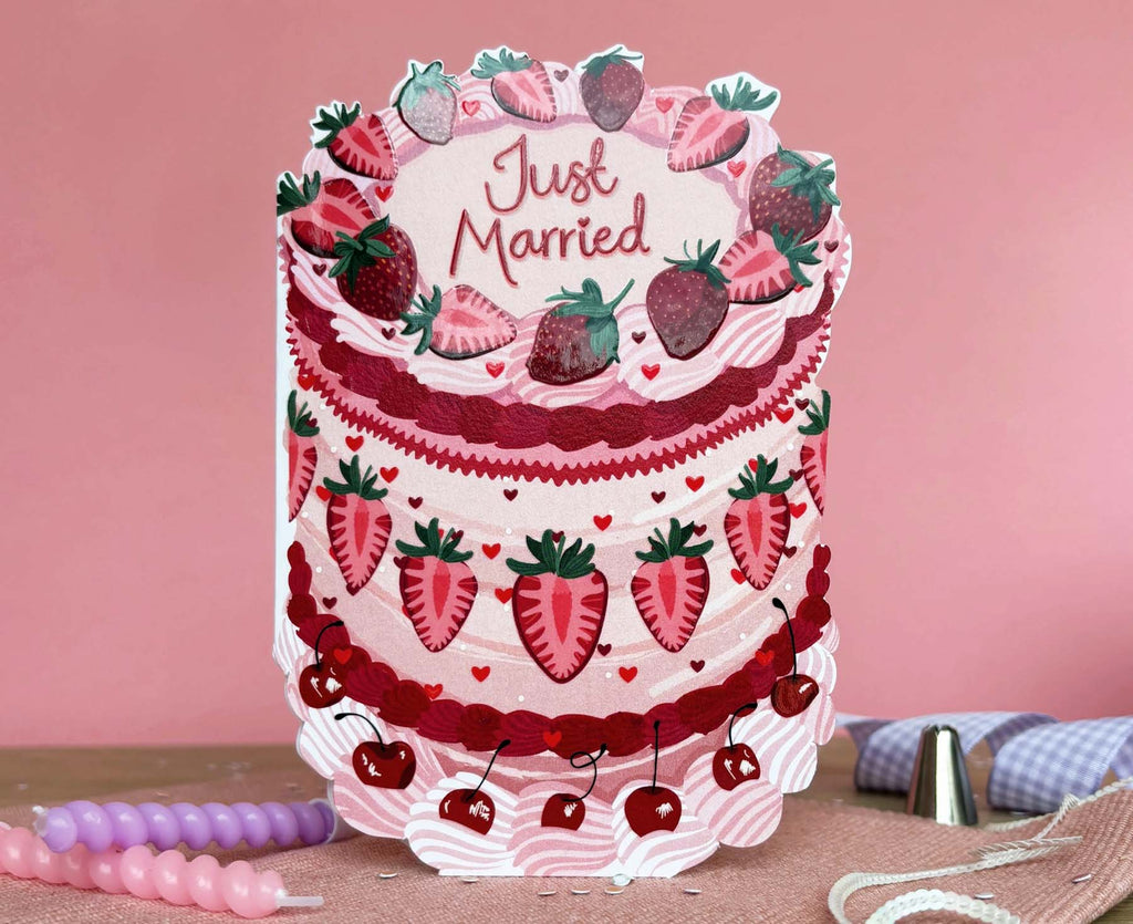 Just Married Strawberries Spot Varnish Cutout Cake Wedding Card