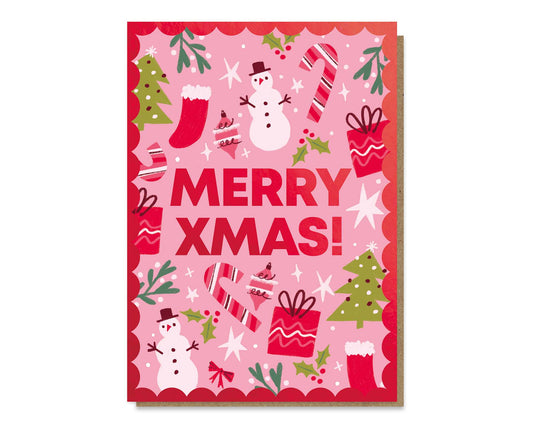 Merry Xmas Seasonal Objects Red Foiled Christmas Card