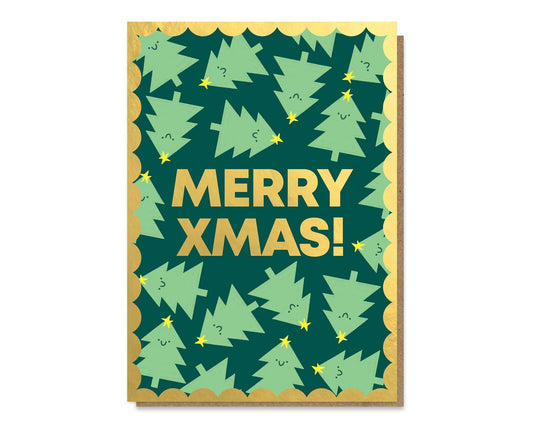 Merry Xmas Christmas Trees Gold Foiled Christmas Card
