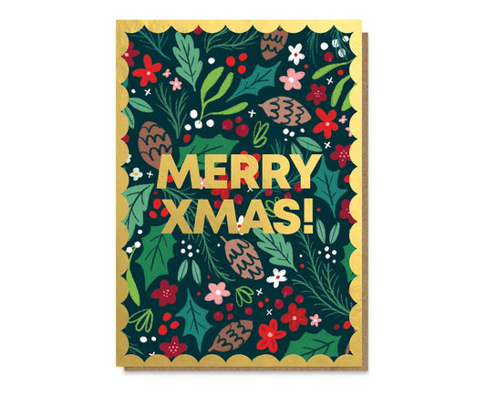 Merry Xmas Festive Foliage Gold Foiled Christmas Card