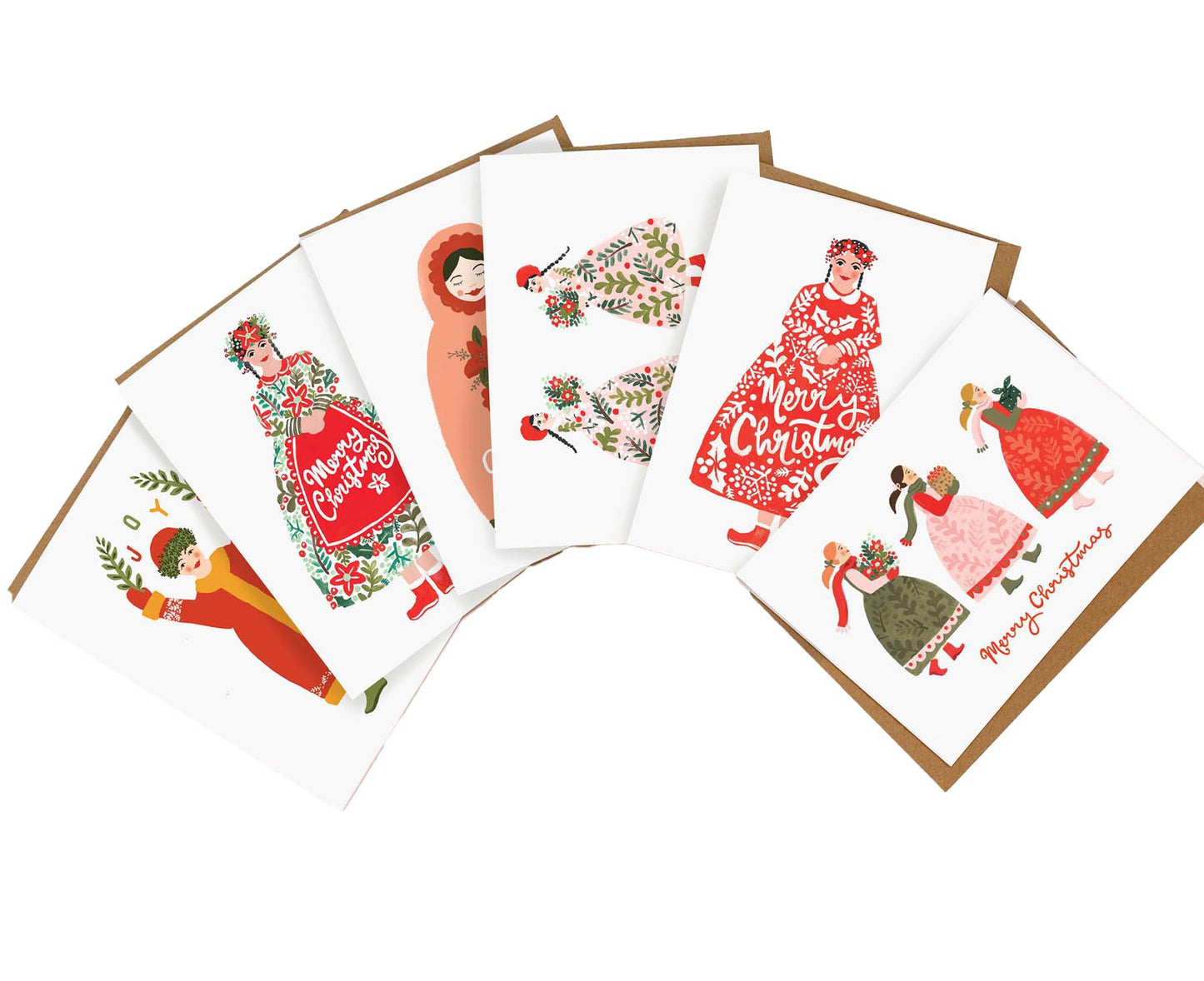 Pack of 6 Illustrated Folk Ladies Christmas Cards