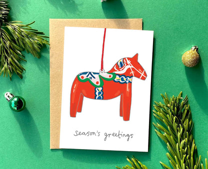 Dala Horse Bauble Kitsch Christmas Card