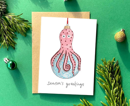 Octopus Bauble Kitsch Christmas Card