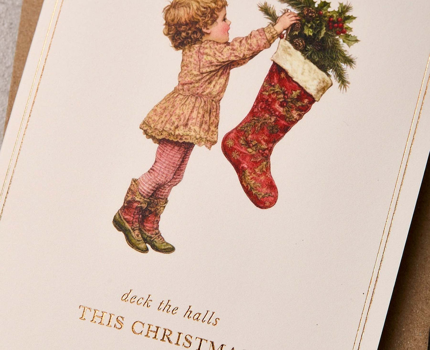 Vintage Christmas Stocking Gold Foiled Christmas card
