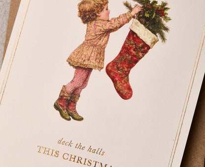 Vintage Christmas Stocking Gold Foiled Christmas card