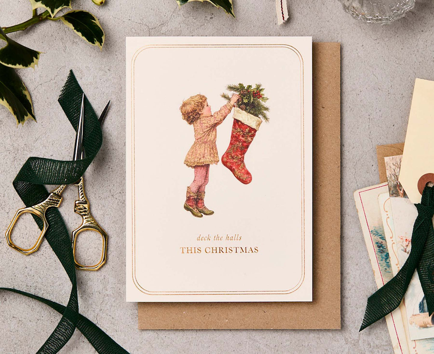Vintage Christmas Stocking Gold Foiled Christmas card