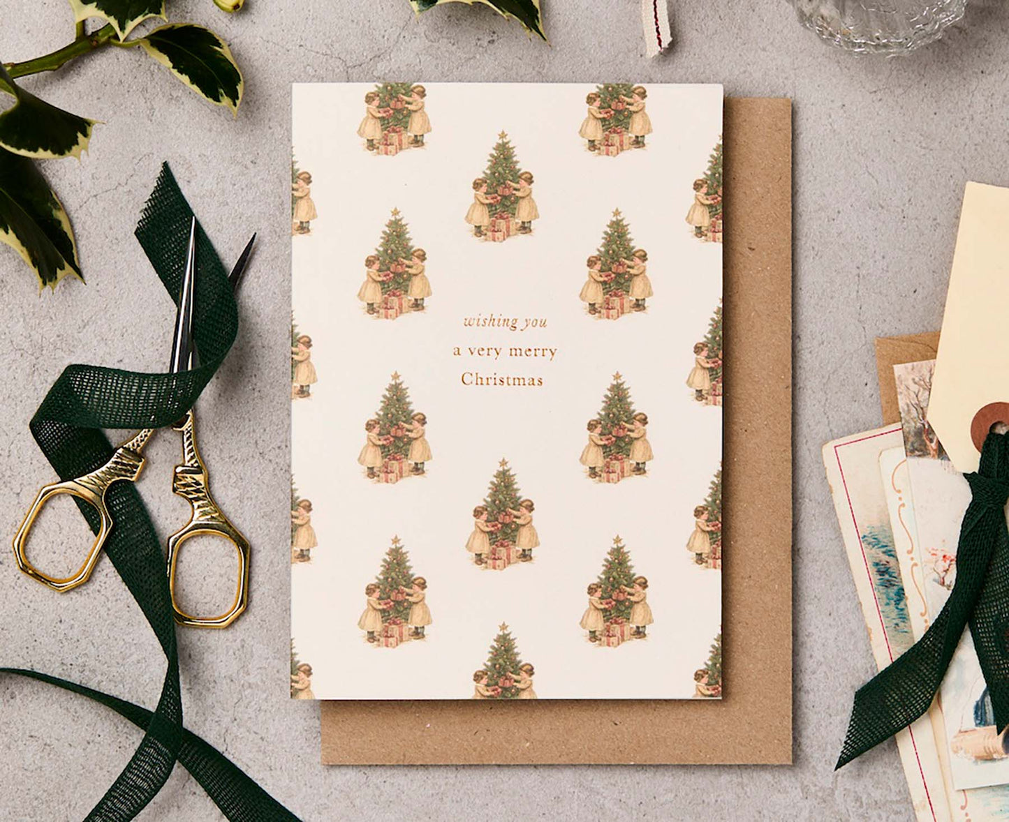 Vintage Christmas Trees Gold Foiled Christmas card