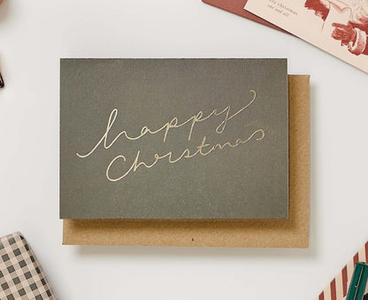 Warm Green Happy Christmas Gold Foiled Christmas card