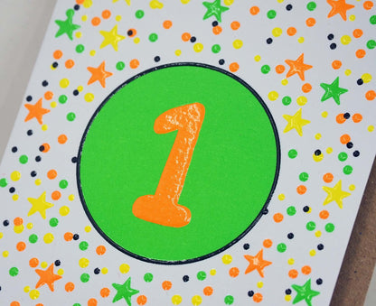 1st Birthday Neon embossed mini card