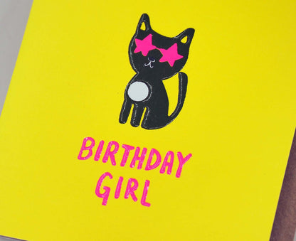 Birthday Girl Cat embossed mini birthday card