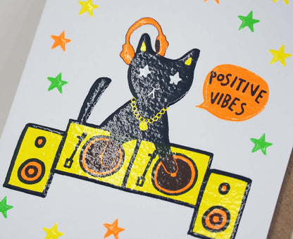 Positive Vibes Cat DJ embossed mini card
