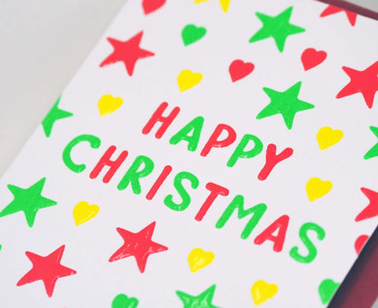 Happy Christmas Stars & Hearts embossed mini Christmas card