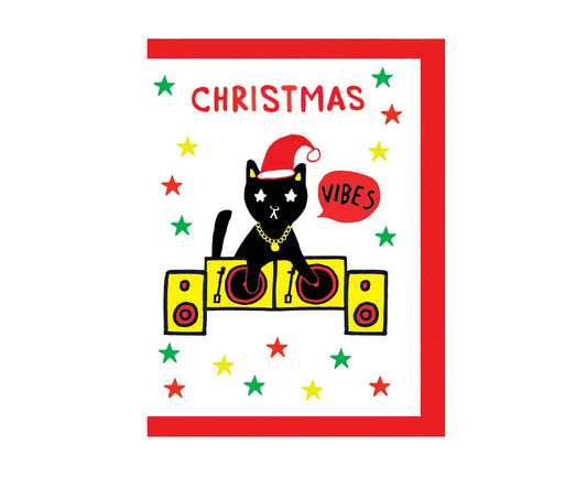 Christmas Vibes DJ Cat embossed mini Christmas card
