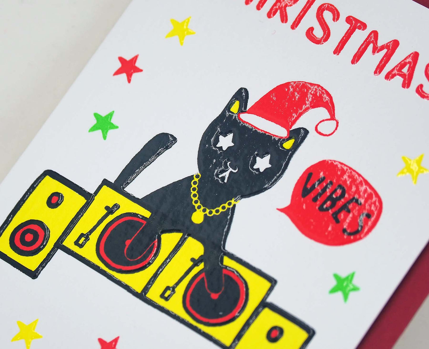 Christmas Vibes DJ Cat embossed mini Christmas card