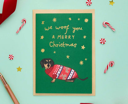 Sausage Dog Gold Foiled Christmas Card