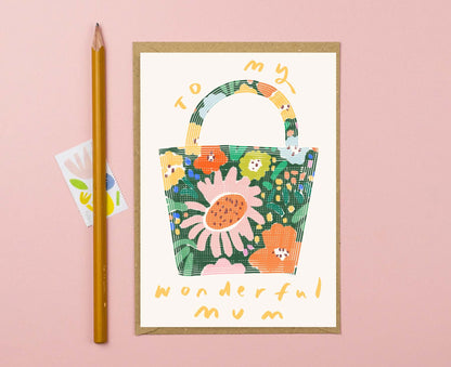 Wonderful Mum Floral Handbag Illustrated Mother's Day Card