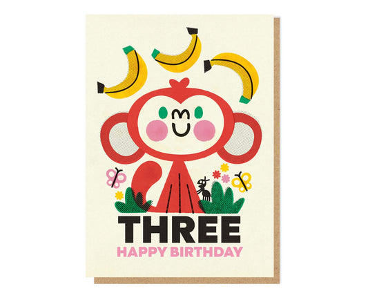 Three Monkey Spot Gloss 3rd Birthday Card